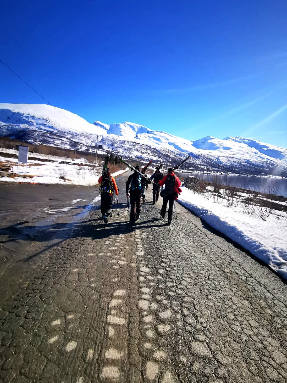 Grupa idzie drogą z nartami na ramieniu, fiord i śnieg