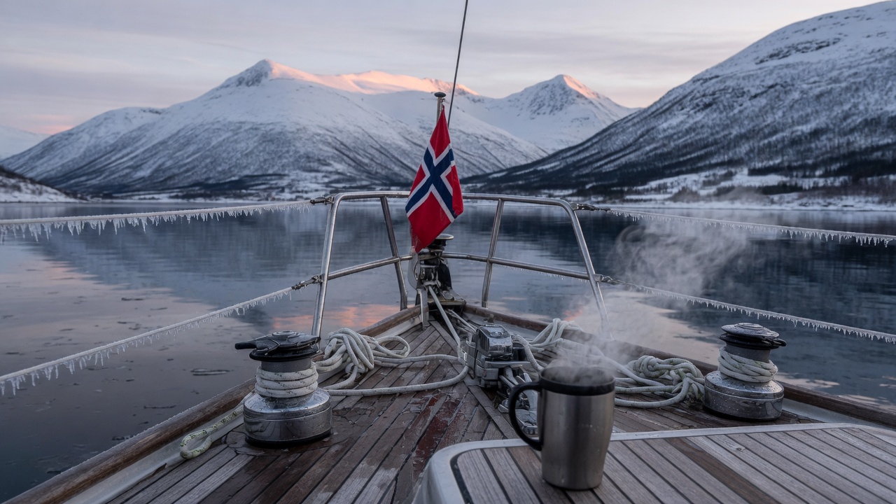 Dziób jachtu z norweską flagą, lód na relingu i kubek kawy